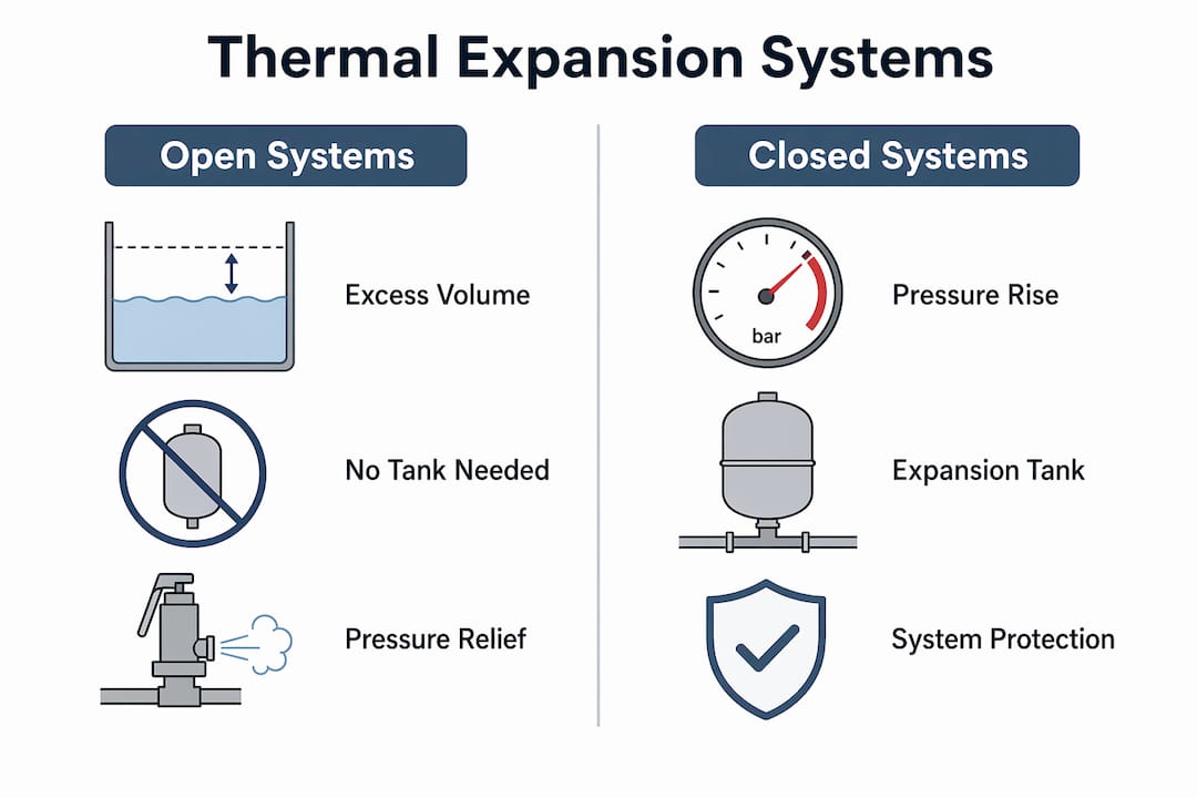 Infographic contrasting open vs closed thermal expansion systems