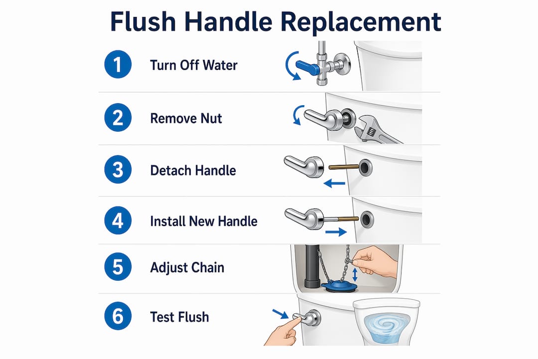 Step-by-step infographic for replacing toilet flush handle