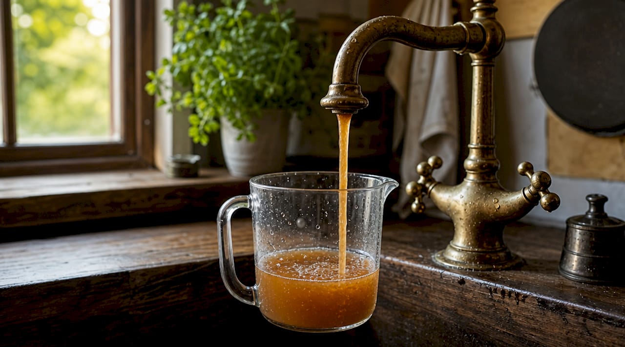 Glass of rusty hot water from kitchen tap