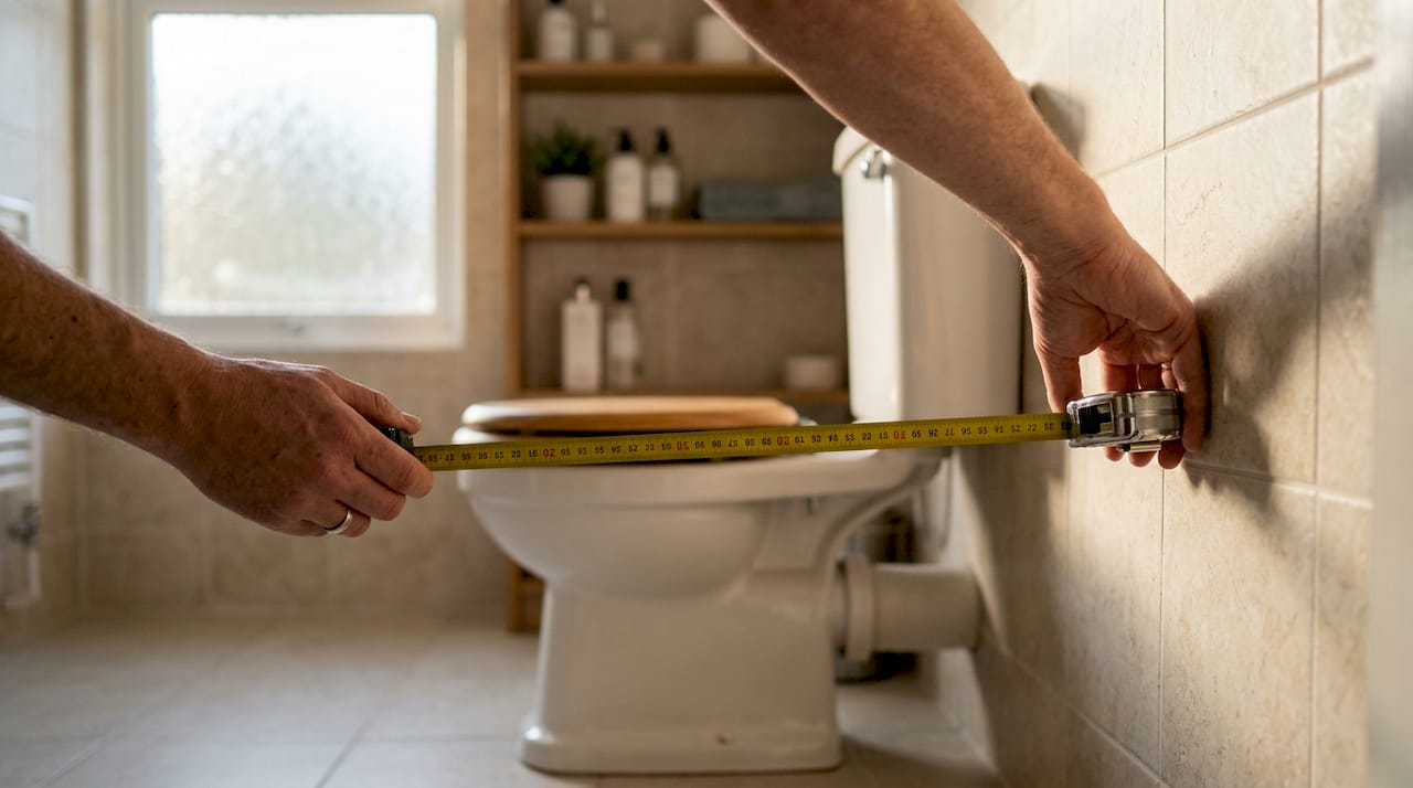 Hands measuring bathroom toilet space with tape