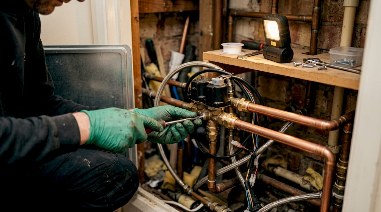 Plumber repairing boiler diverter valve