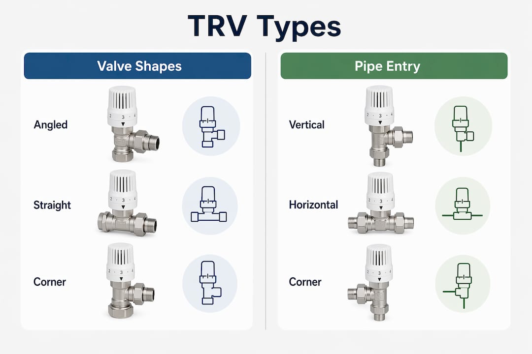 Infographic comparing TRV valve types and pipe entry styles