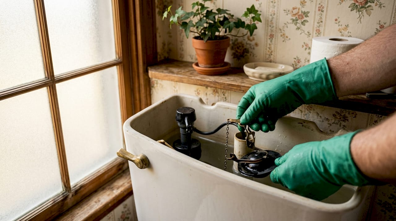 Hands replacing toilet flapper inside tank