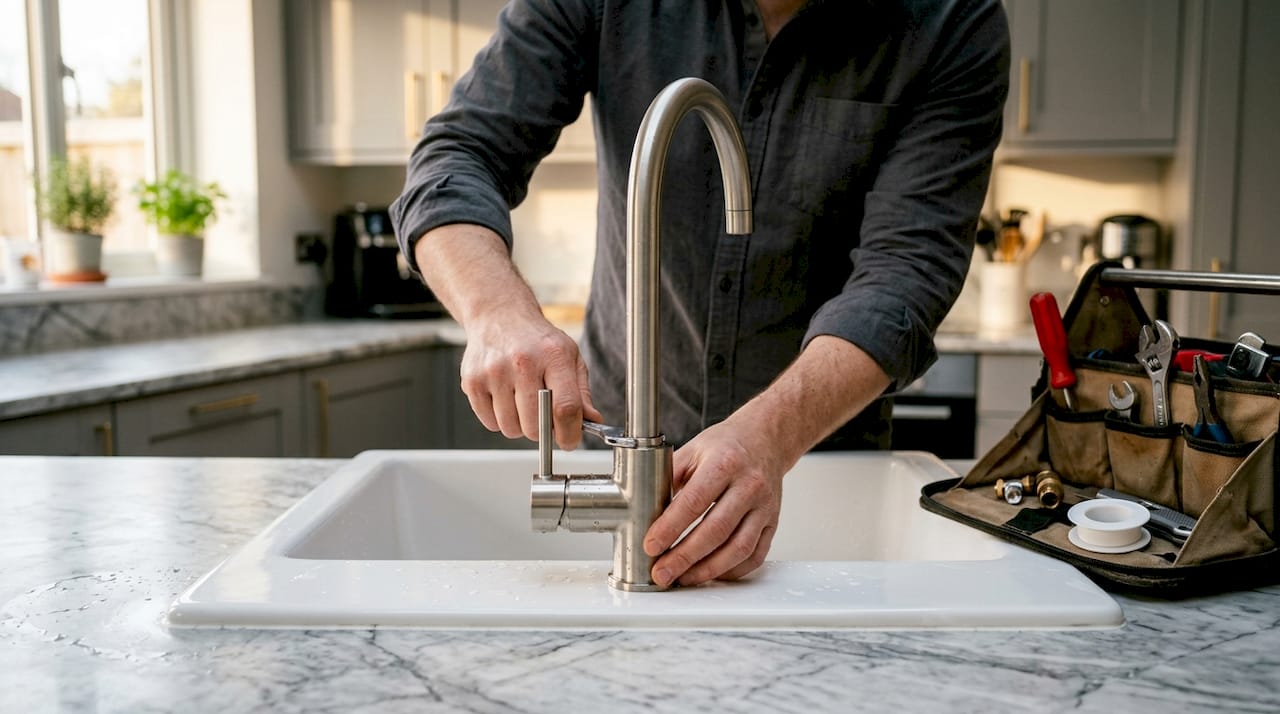 Hands installing chrome aerated tap on sink