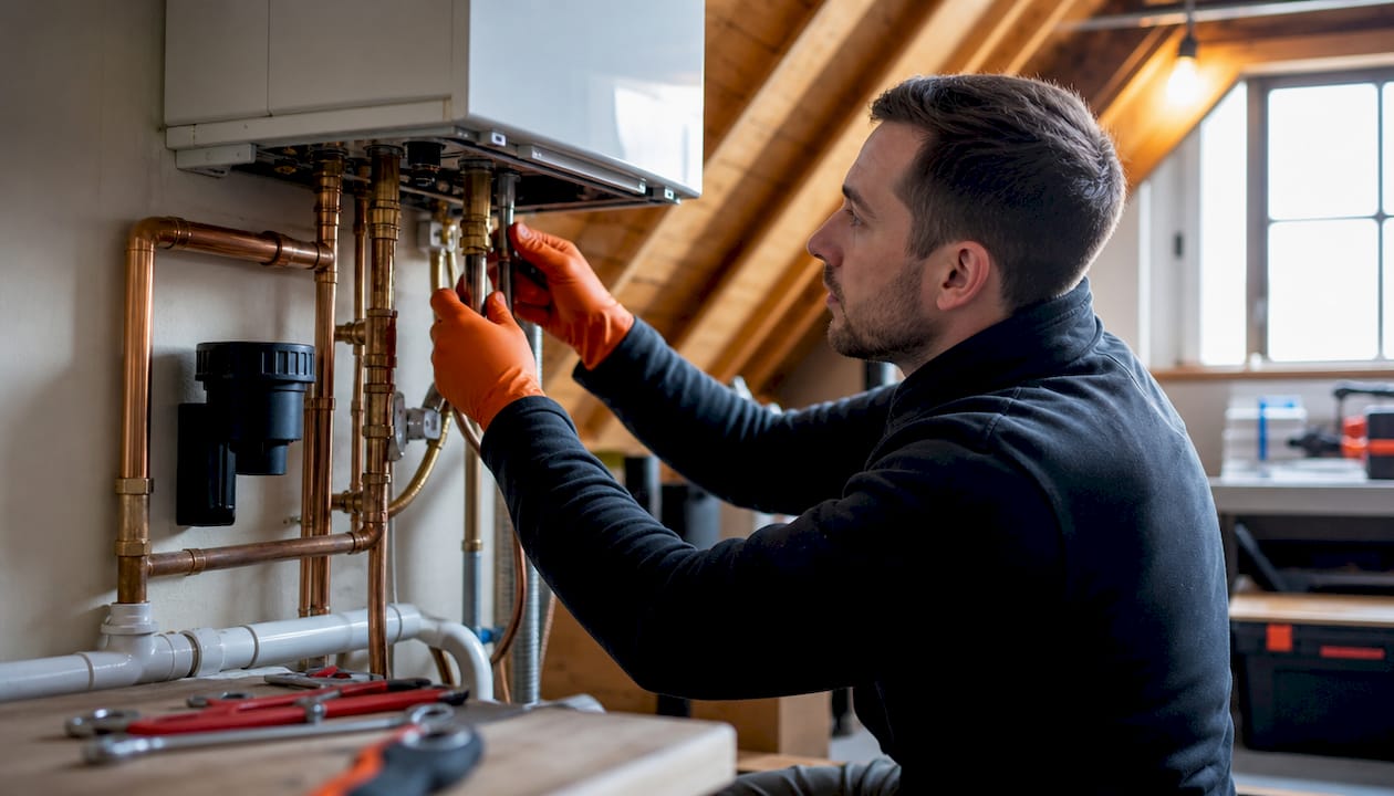 Close-up on hands fitting boiler piping