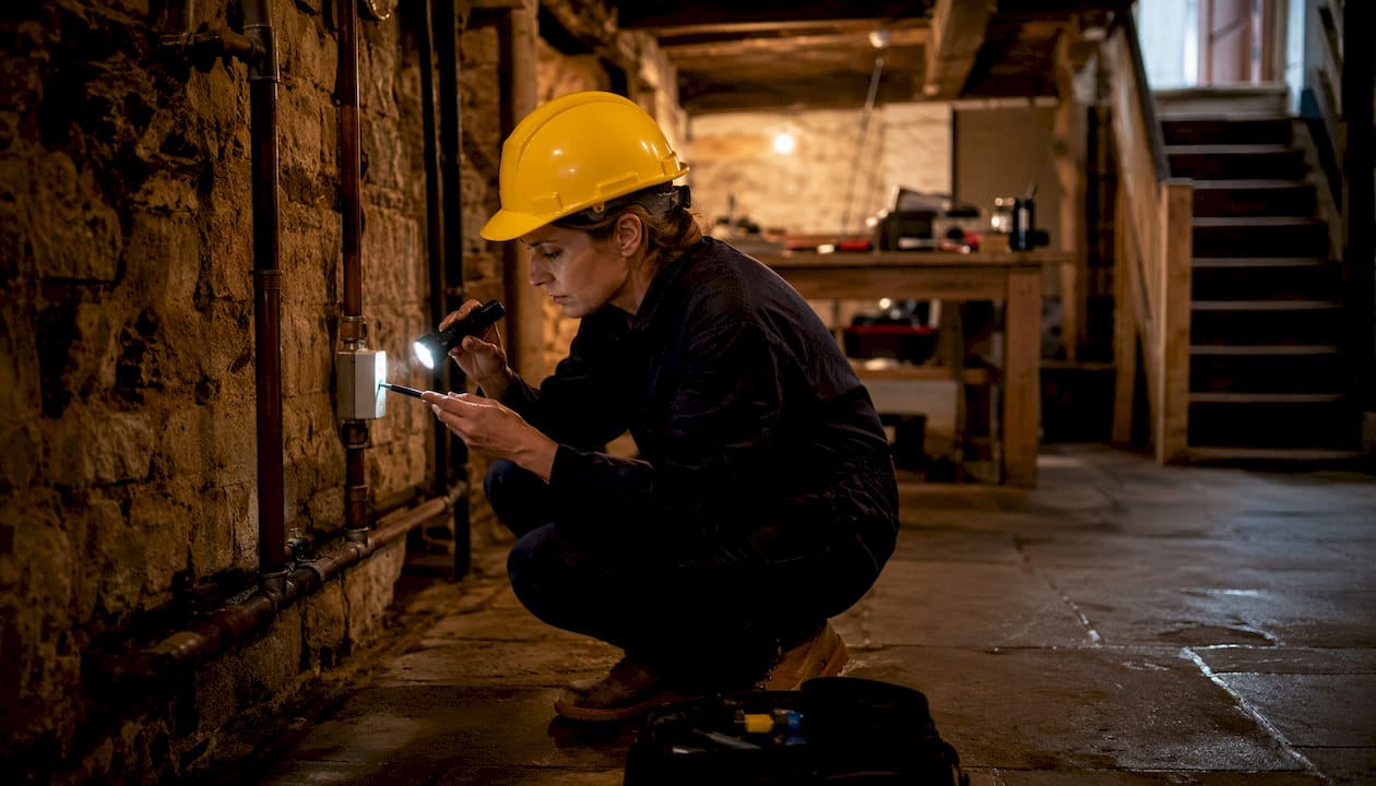 Engineer adjusting smart leak detection sensor