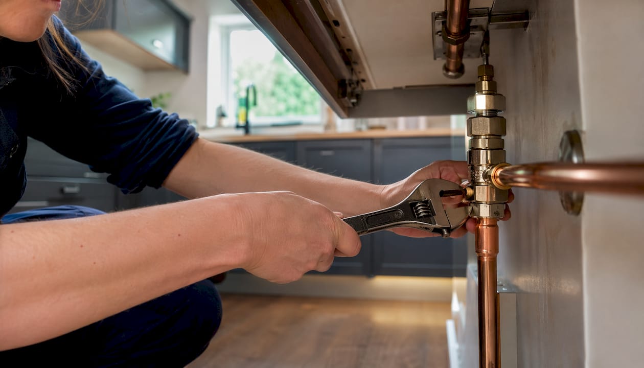 Plumber tightening compression valve on copper pipe