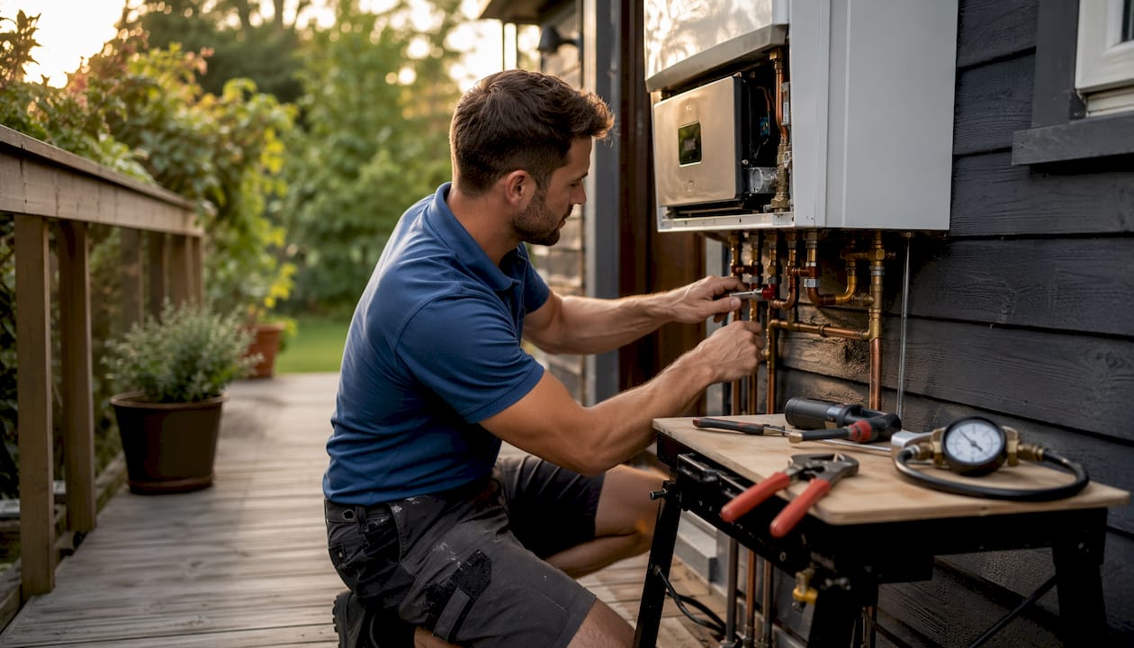 Local plumber repairing boiler in UK home