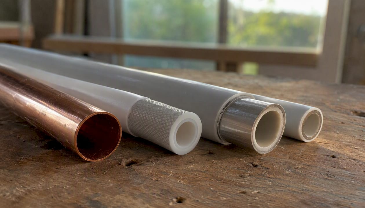 Copper, PEX and multilayer composite plumbing pipes close-up