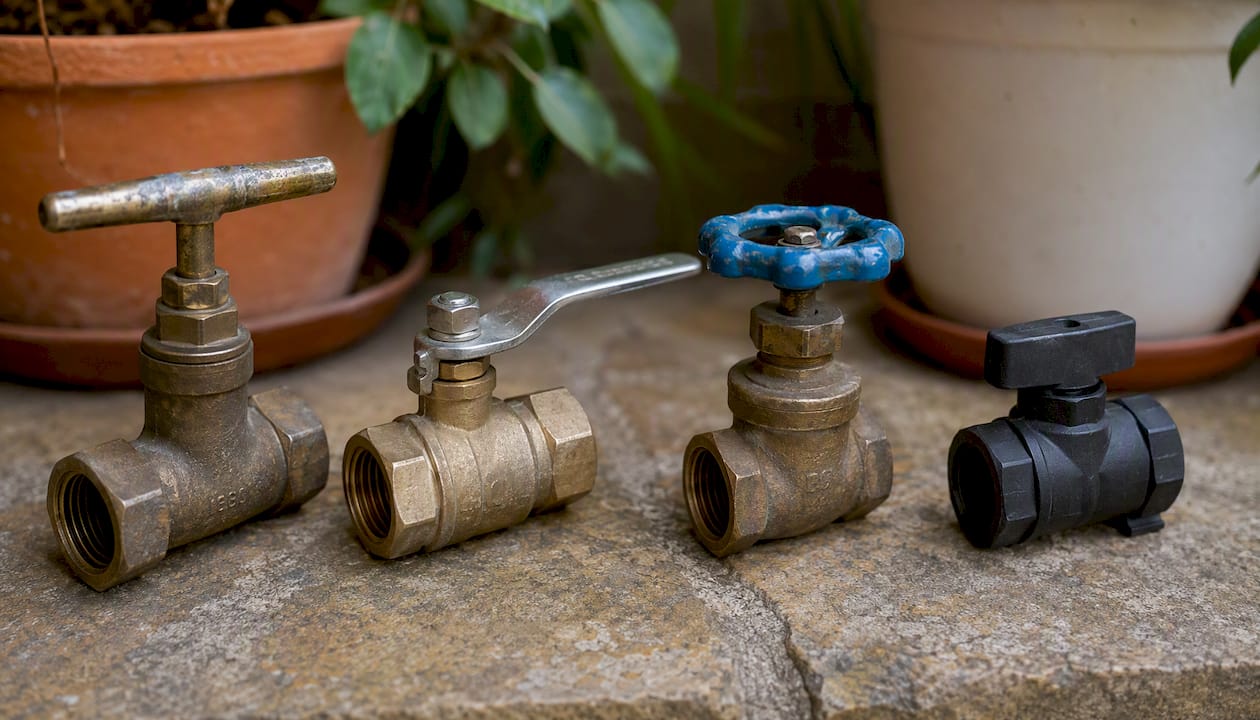 Close-up of various valve types under home plumbing