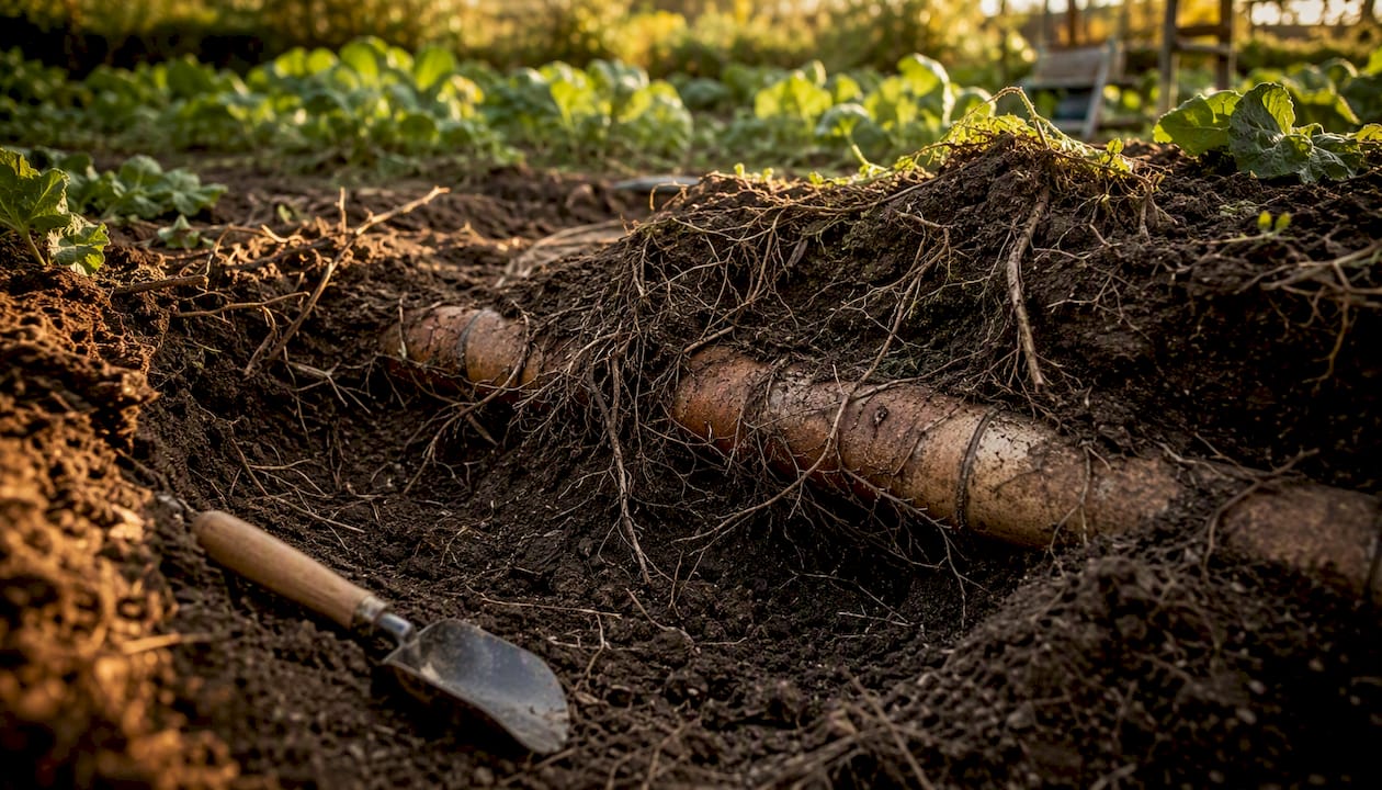 Tree roots invading clay underground drainage pipes