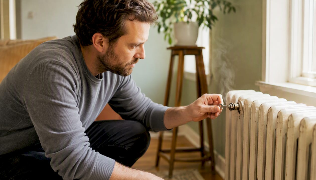 Hands bleeding radiator with bleed key