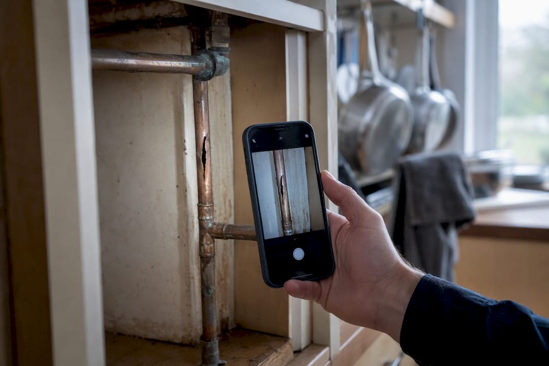 Plumber photographing burst pipe damage