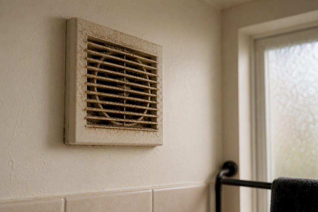 Close-up of dusty bathroom extractor fan grille