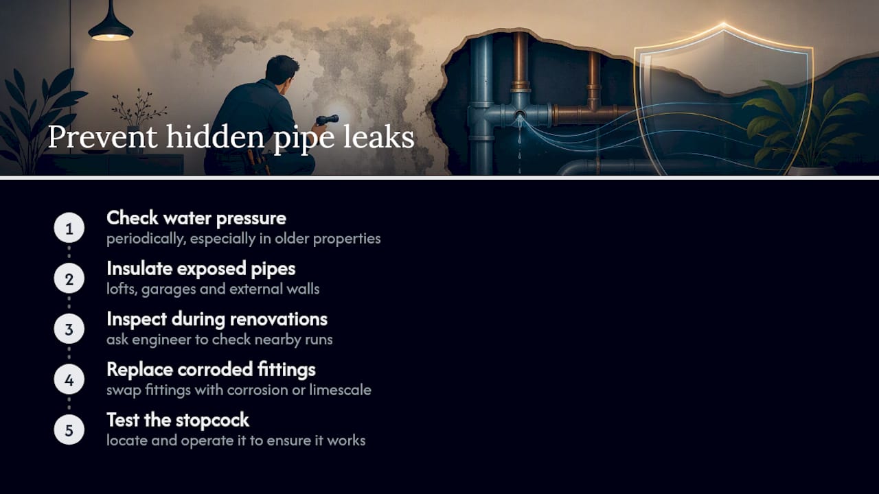 Diagram illustrating five ways to prevent hidden pipe leaks in walls