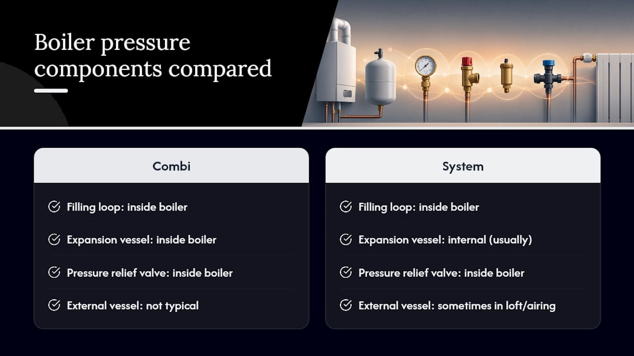 Diagram comparing combi and system boiler pressure components