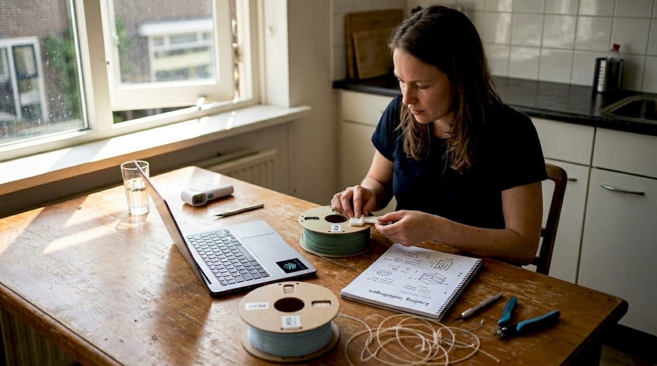 Een vrouw probeert een sample van 3D-printerfilament uit aan de keukentafel.