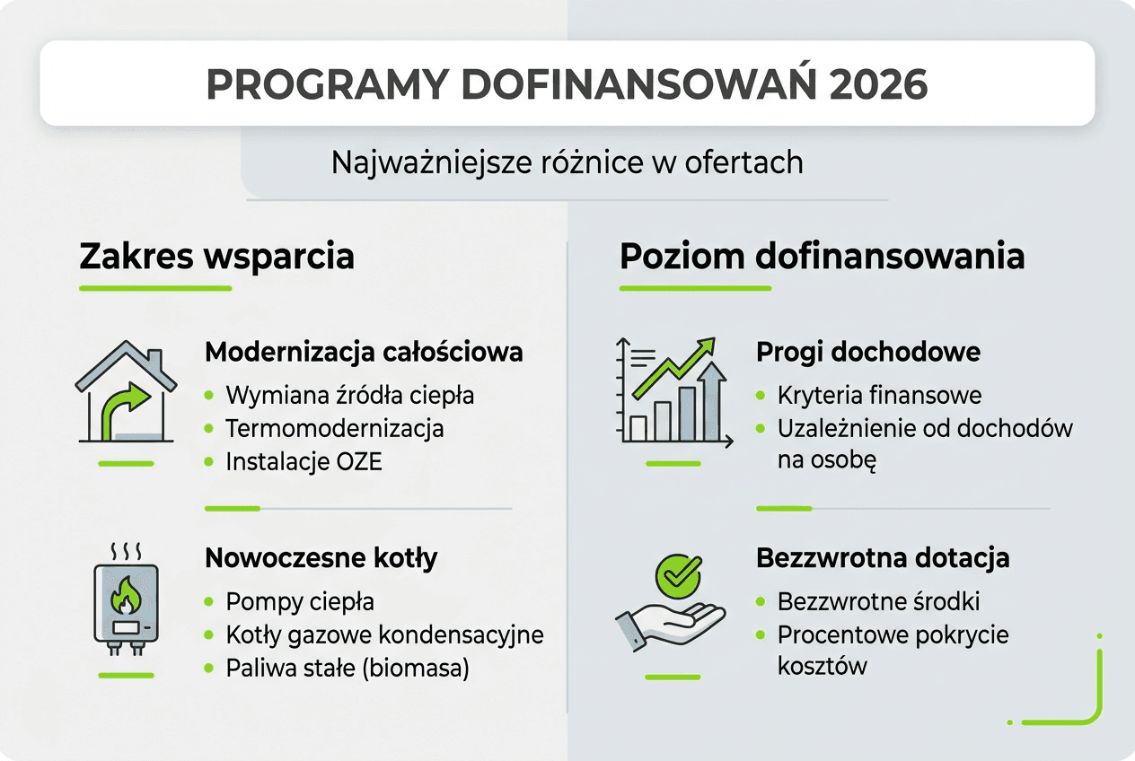 Porównawcza infografika przedstawiająca dostępne programy wsparcia finansowego na wymianę i modernizację systemów grzewczych
