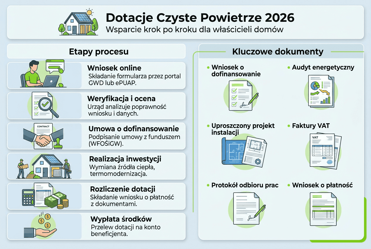 Infografika: krok po kroku przez proces uzyskania dotacji – etapy i wymagane dokumenty