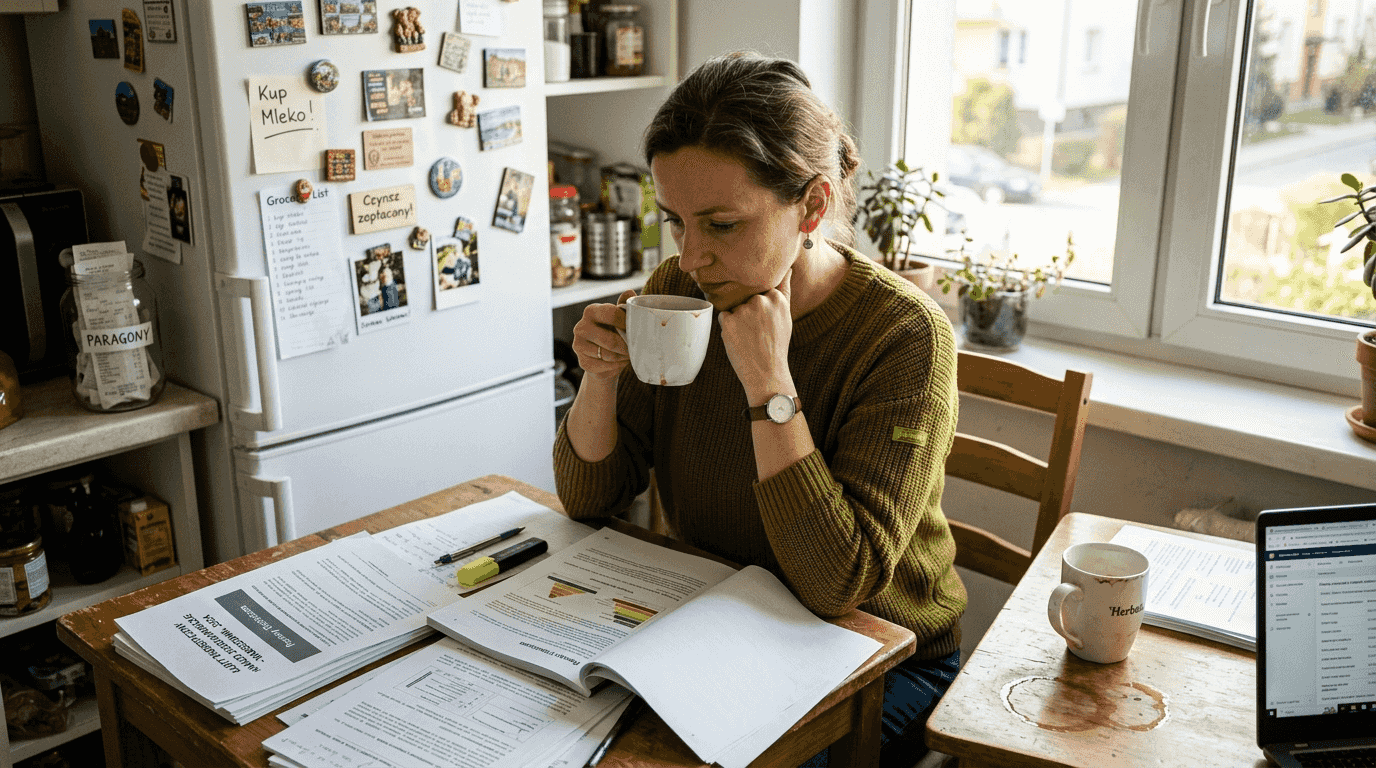 Kobieta siedzi przy kuchennym stole i przegląda dokumenty związane z audytem energetycznym swojego domu.