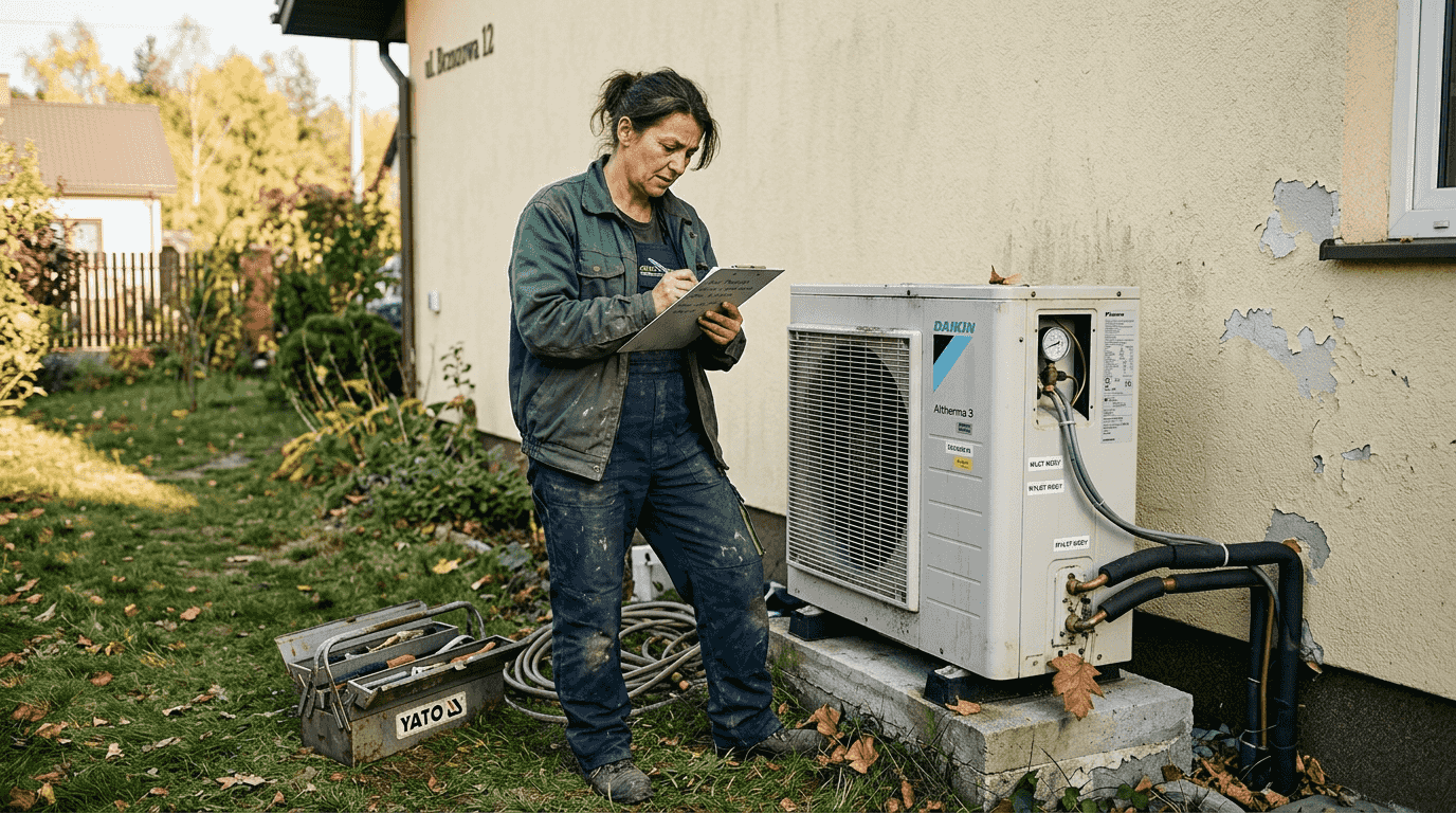 Specjalista sprawdza poprawność montażu pompy ciepła
