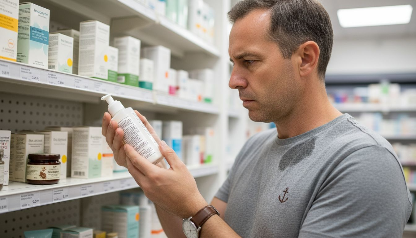 Un homme examine attentivement la composition de son soin pour le visage.