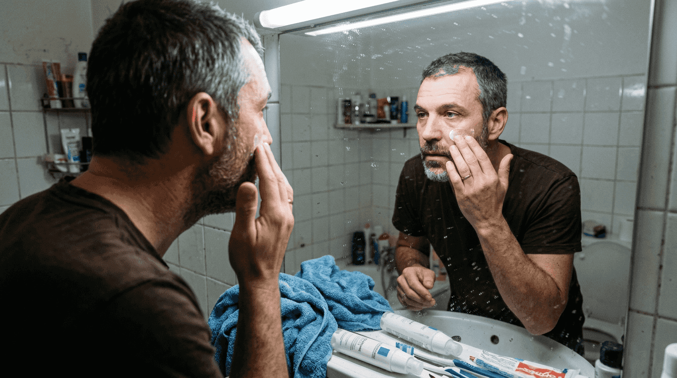 Un homme prend soin de sa peau délicate en appliquant une crème hydratante.