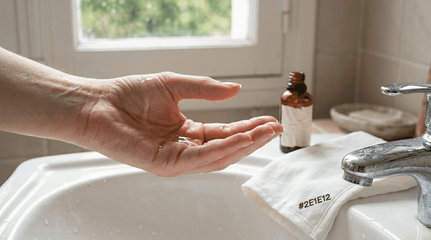 Gros plan sur une main qui dépose une goutte de sérum visage