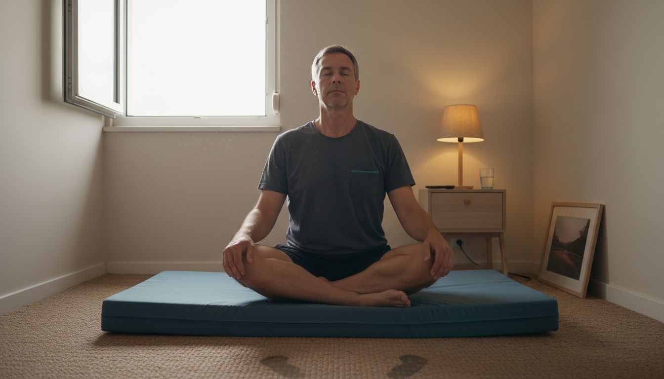 Ein Mann übt gezielte Atemtechniken, um zur Ruhe zu kommen und Stress abzubauen.