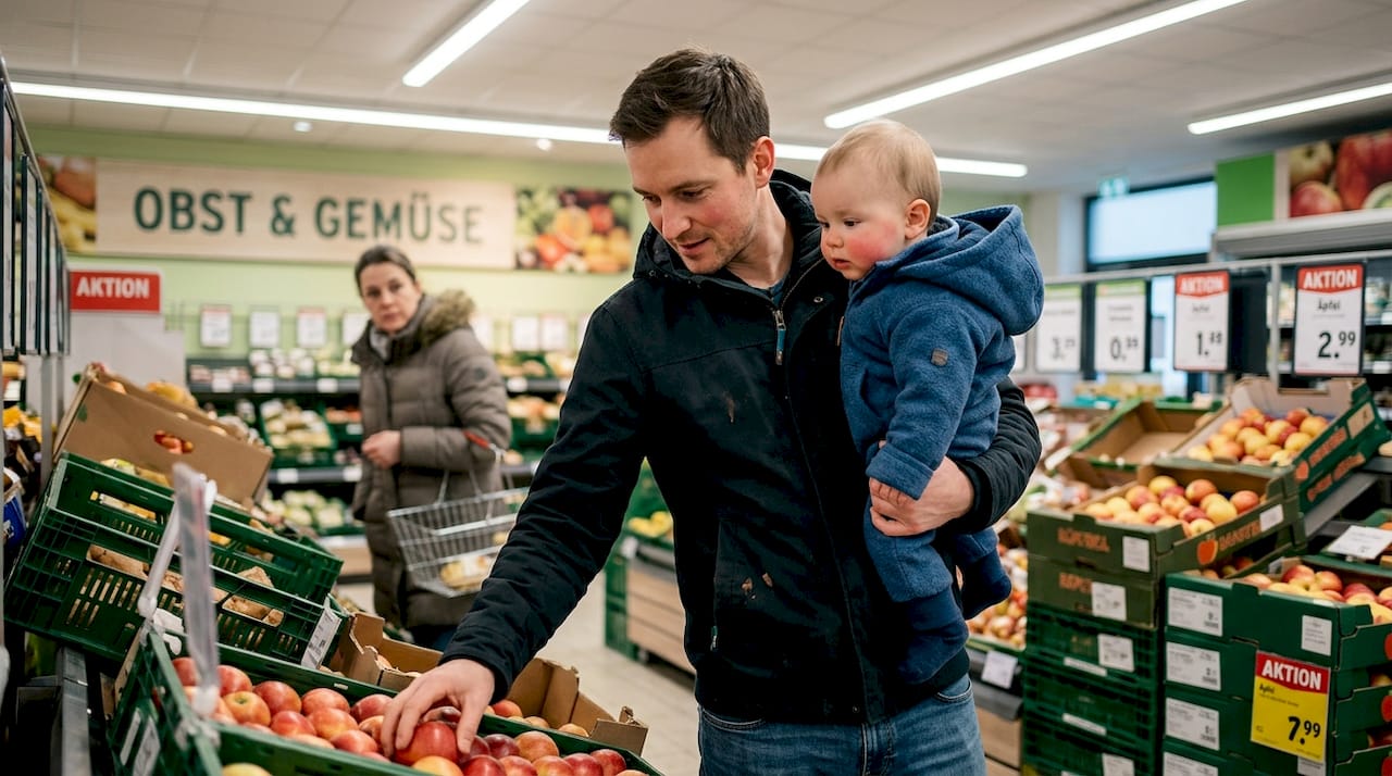 Ein Vater geht mit seinem Baby, das an Neurodermitis leidet, im Supermarkt einkaufen.