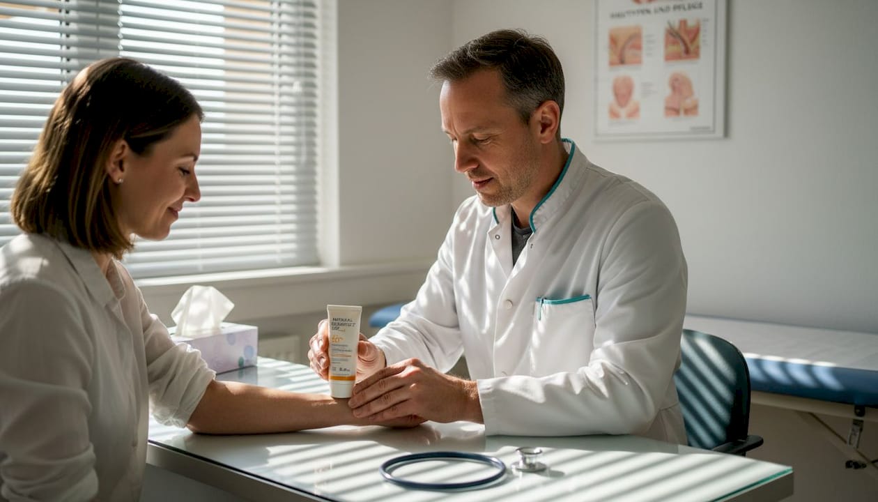 En hudläkare applicerar solskydd på en patient med eksem.