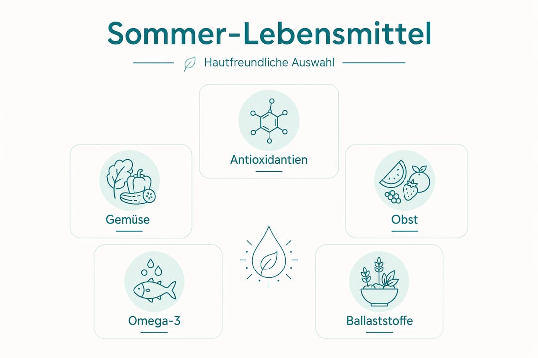 Die Infografik zeigt, wie Sommerlebensmittel unserer Haut gut tun.