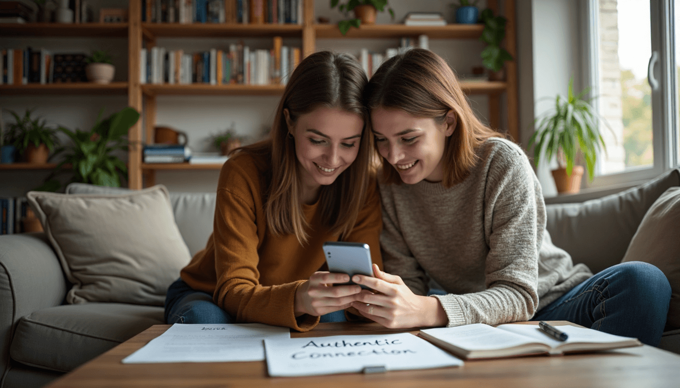 Friends collaborating on Instagram content creation in living room
