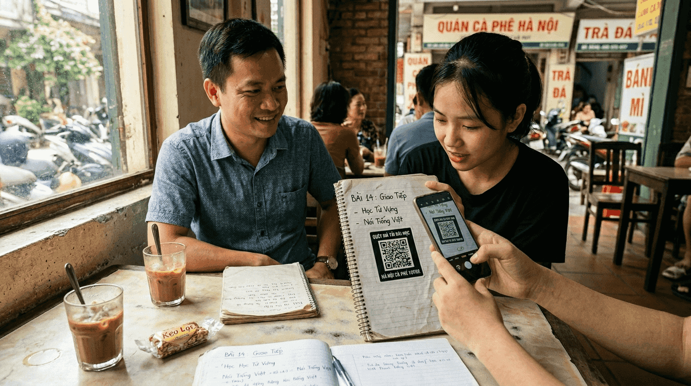 Vietnamese tutor and learner QR payment in café