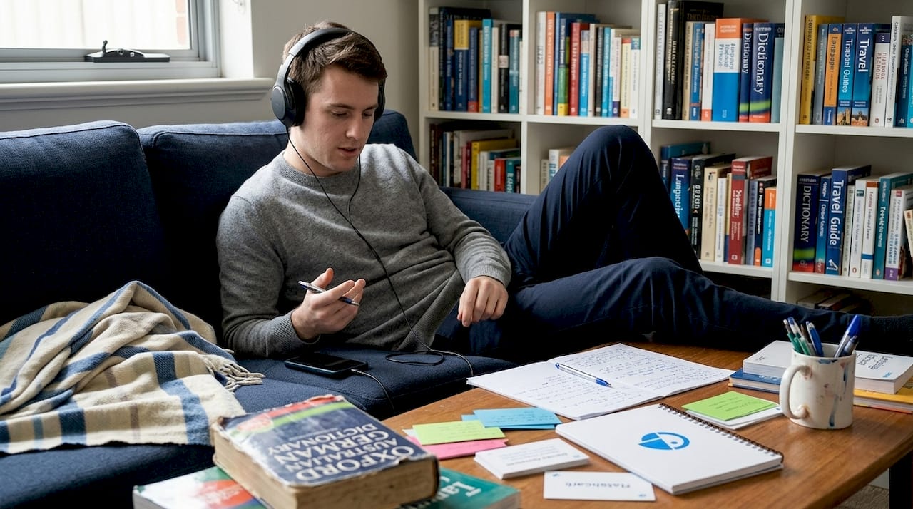 Student studies language on living room couch