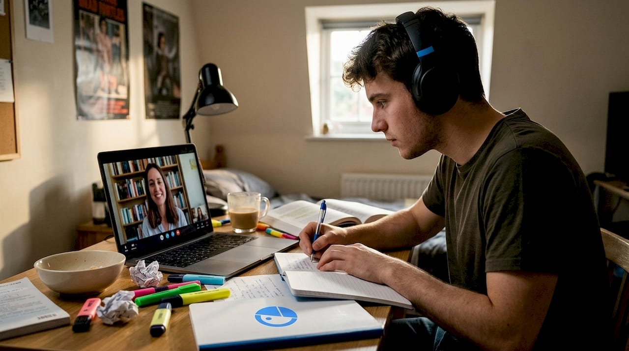 Student on video call with online tutor