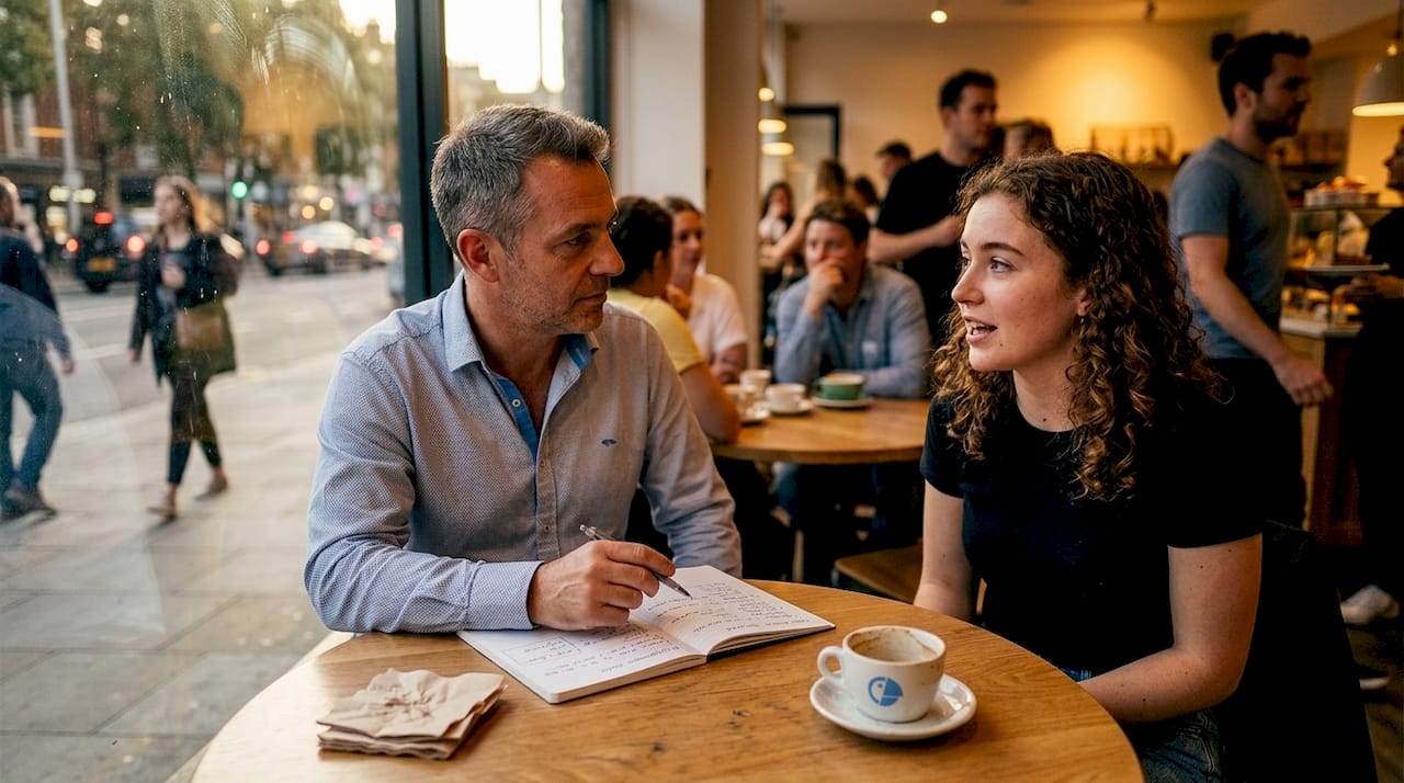 Tutor listening to language student in café