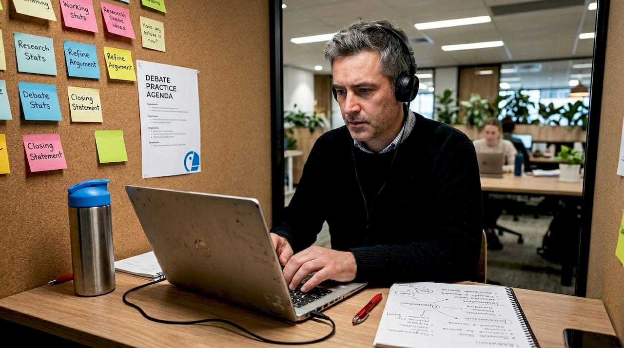 Man prepares for debate in language tutoring session