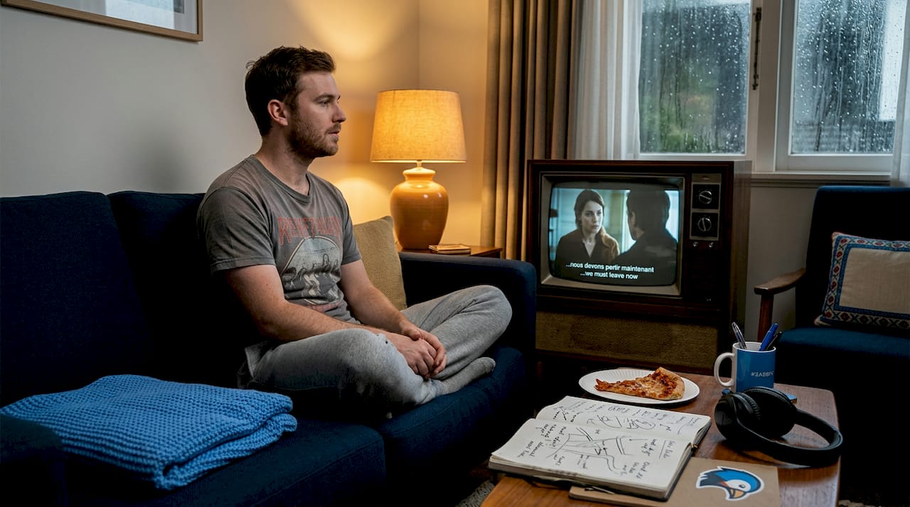Traveller practicing language by watching film