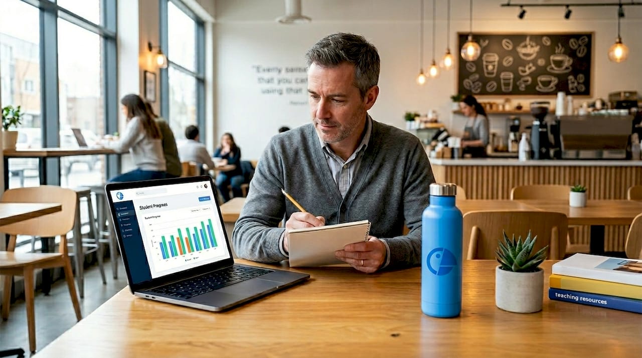 Tutor reviewing student progress on desktop computer