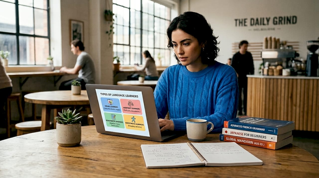 Workspace with language learner types infographic