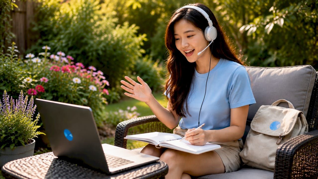 Student practicing speaking language at desk