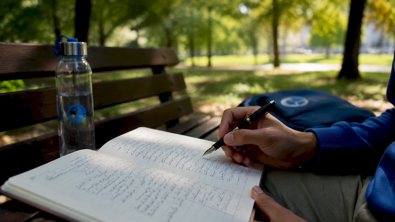 Hands writing Arabic language notes in café