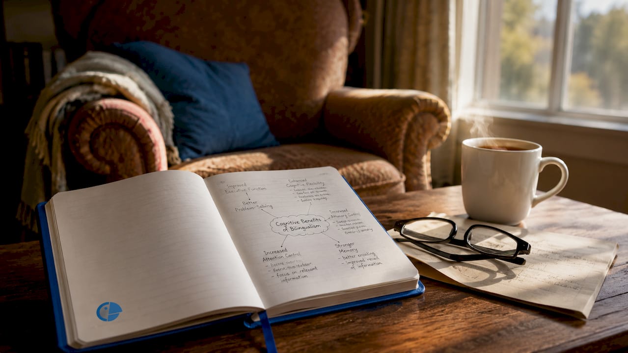 Overhead shot of niche language study materials and tea