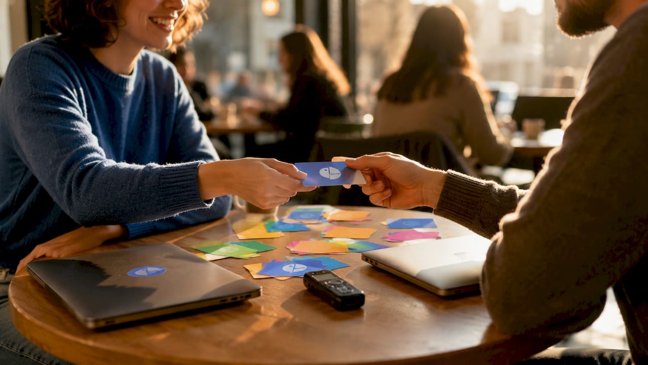 Hands exchanging language flashcards at coworking table