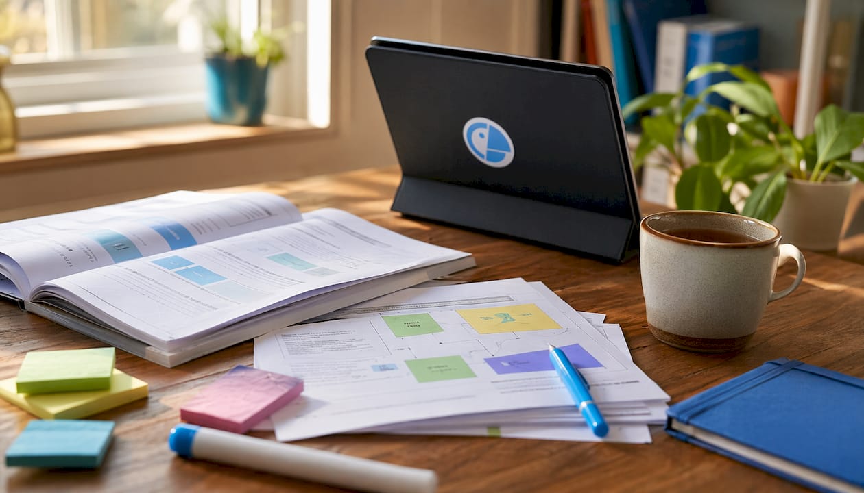 Overhead view of advanced language teaching materials