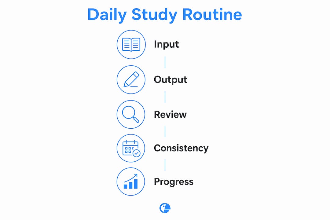 Infographic illustrating daily language study routine steps