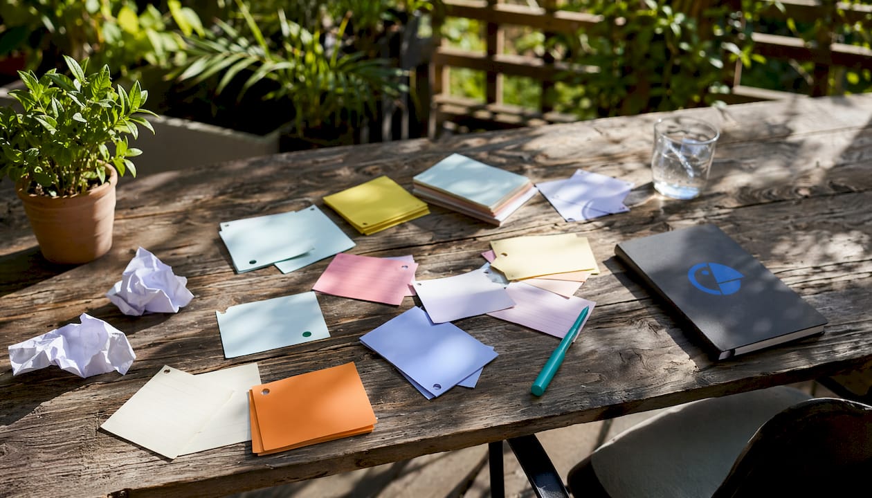 Hands reviewing language flashcards on wooden table