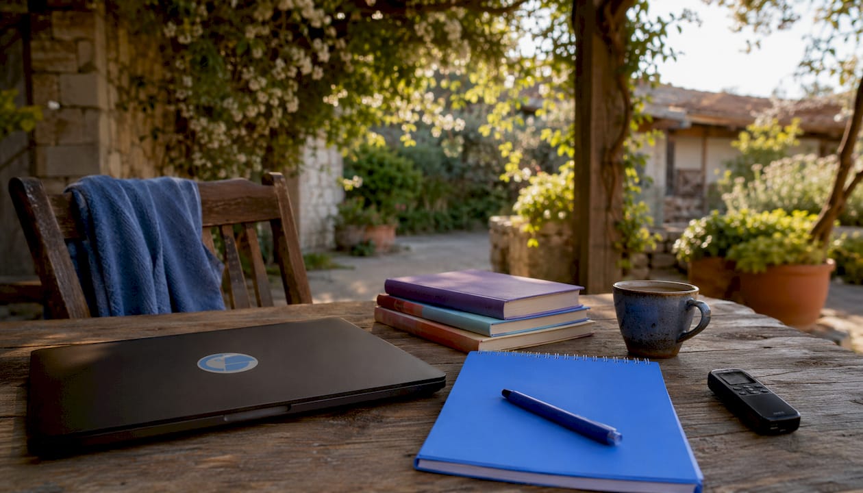 Tutoring desk setup with books and recorder