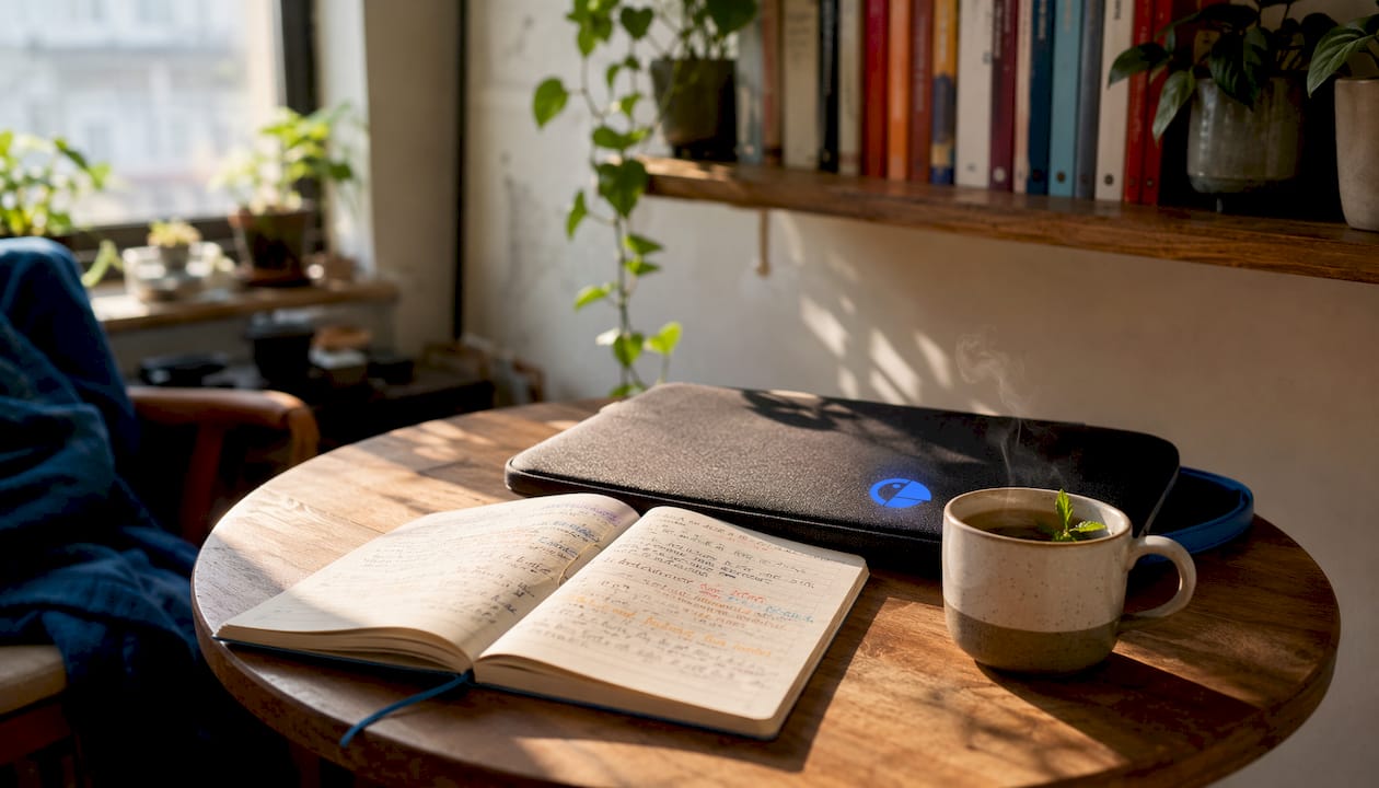 Tablet and coffee on café table with brand colors